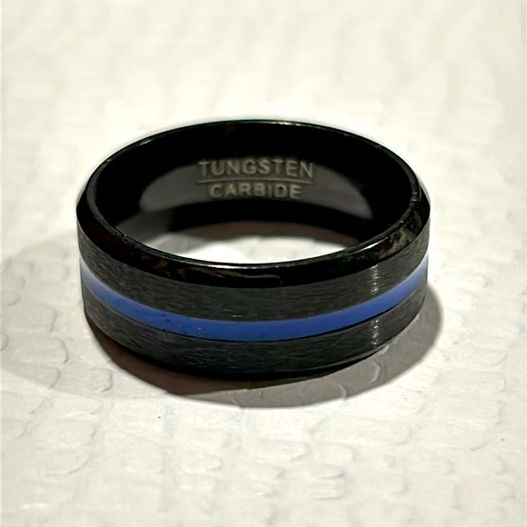 Tungsten Carbide Black Blue Center Groove Beveled Edge Ring - Picture 8 of 10